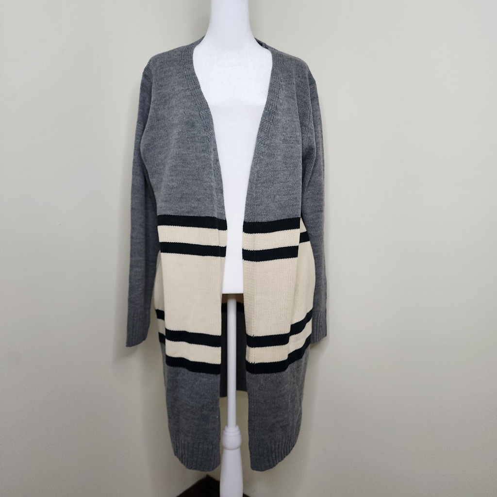 Womens Jodifl Gray And Cream Colorblock Open Front Long Line Pocket Cardigan
